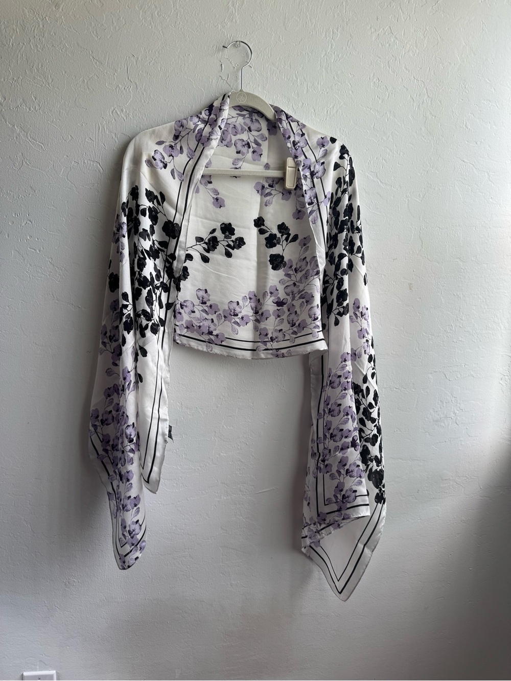 White House black market 100% silk white, black and purple floral scarf shawl